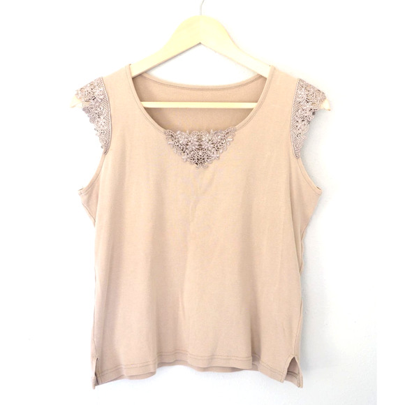 Vintage Preppy Taupe Tank Top Lace Accent Shirt Size‎ Medium - Picture 1 of 7